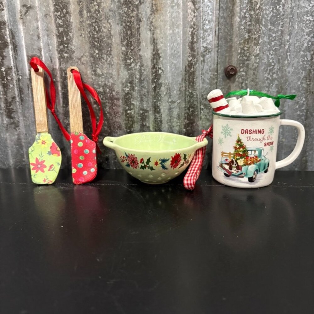 Christmas Kitchen Ornaments Spatulas Mini Colander Mug Hot Cocoa Tree Truck